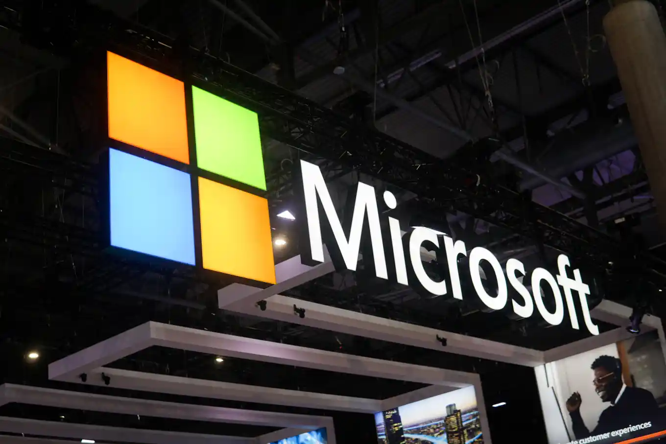 Microsoft logo at MWC exhibition in Spain, February 2023