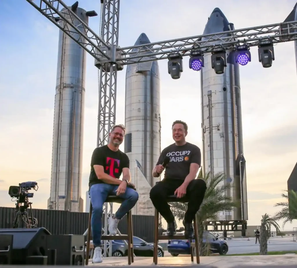 Elon Musk (right) at SpaceX's Starbase launch facility in Boca Chica, Texas. Photo by SpaceX